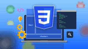 illustration of a laptop with the css logo a grid in the behind and some icons around it