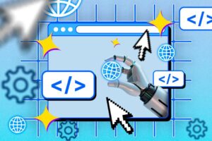 illustration of a browser with a robot hand holding an internet icon with some icons around it representing website development