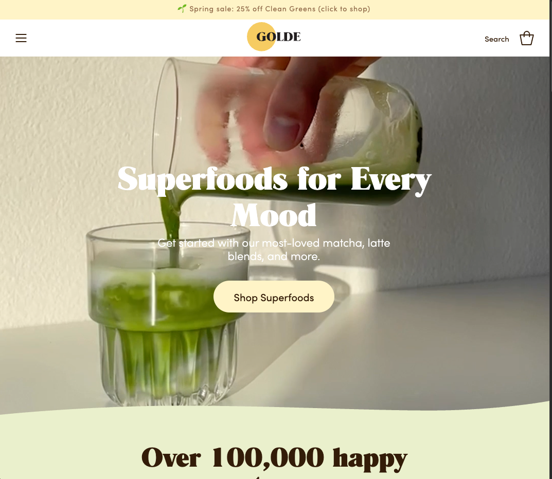 A screengrab from Golde’s website with a green drink being poured into a glass.