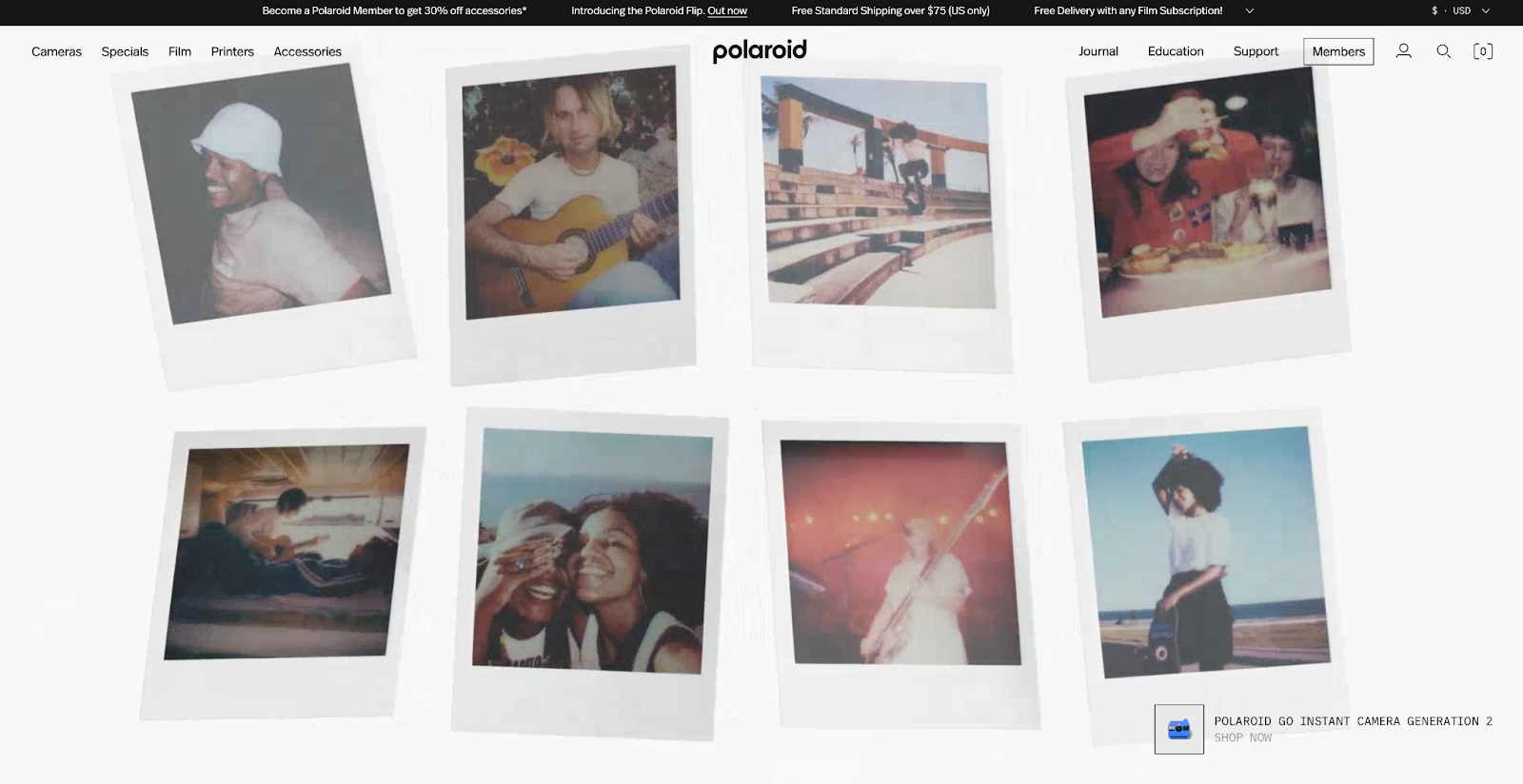 A screengrab of a video multiple polaroid photos on the Polaroid homepage.