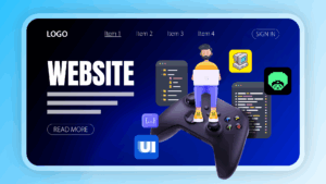 illustration of a website interface featuring a character sitting on a video game controller using a laptop with various programming related elements around