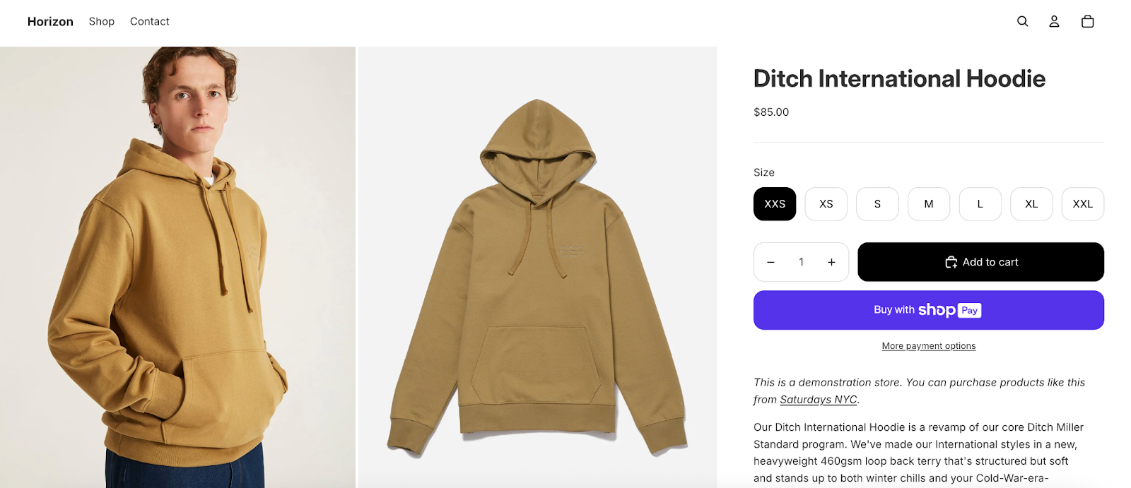 A screenshot of Shopify’s Horizon themes, which use Inter in the headings, subheadings, and body.