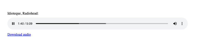 An HTML audio element, displayed in a browser, includes a pause button, timing, progress, and volume controls.