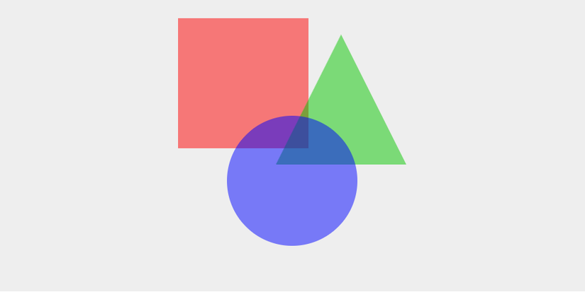 A canvas element displaying examples of drawing functions with a red square, green triangle, and blue circle slightly overlapping.