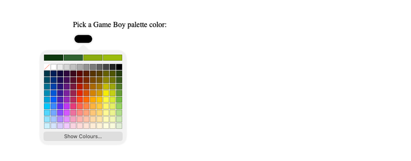 An HTML color picker, using the datalist element, shows a selection of suggested colors.