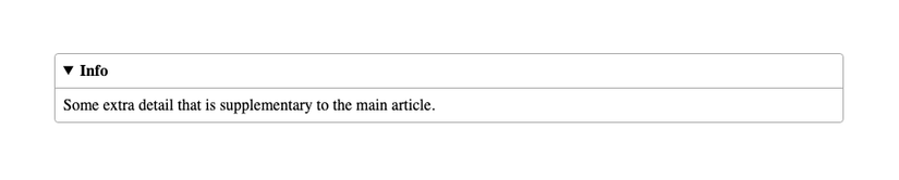 An HTML details element, displayed in a browser, shows a header with a downward-pointing triangle above additional text.